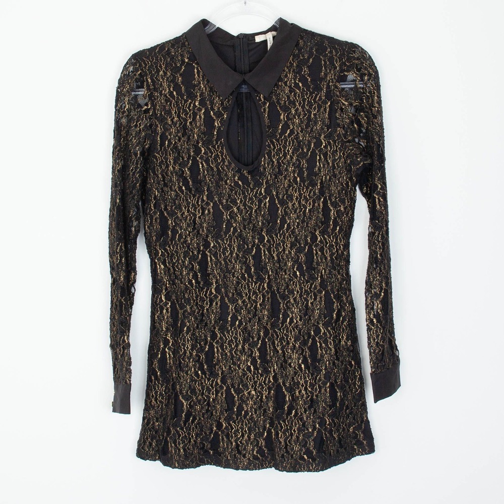 Kirra Womens Keyhole Lace Mini Dress Size M Black Long Sleeve Collar Whimsigoth